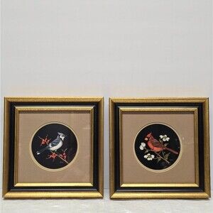 Vintage Jeanne Reifel Birds Flowers Scratchboard Small Art Painting Folk Art